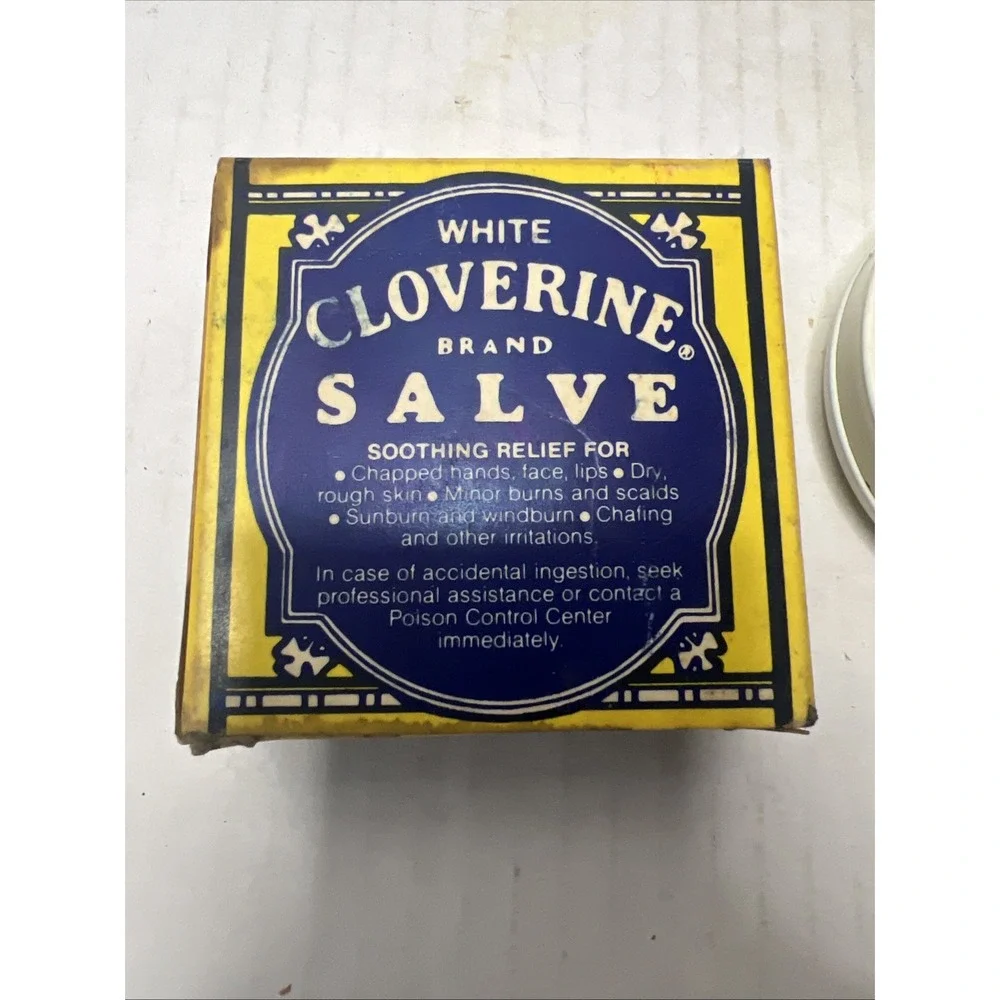 Vintage White Cloverine Salve Tin Bright Graphics With Salve Inside Great Colors